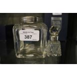 Small cut glass scent bottle with silver collar, Birmingham 1903, together with a glass jar with