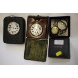 Two ladies fob watches, a Goliath pocket watch in case, etc