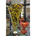 A Bohemian spatter glass fan-shaped vase 29cm, and one smaller red vase, 12cm