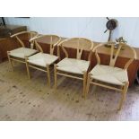 Four modern Wegner 'Wishbone Y Chairs' with corded seats and turned legs