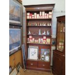 A tall Edwardian mahogany open bookcase, the egg moulded cornice over a swag inlaid frieze above