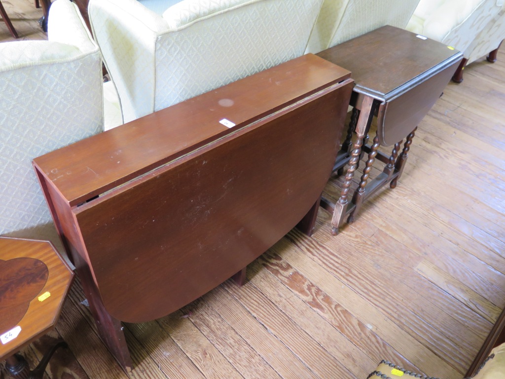 A 1960s mahogany Sutherland table 91cm wide and an oak gateleg table with barley twist legs, 58cm