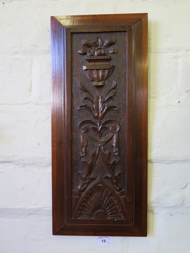 A mahogany panel, foliate carved with acanthus leaves, 48cm x 21cm