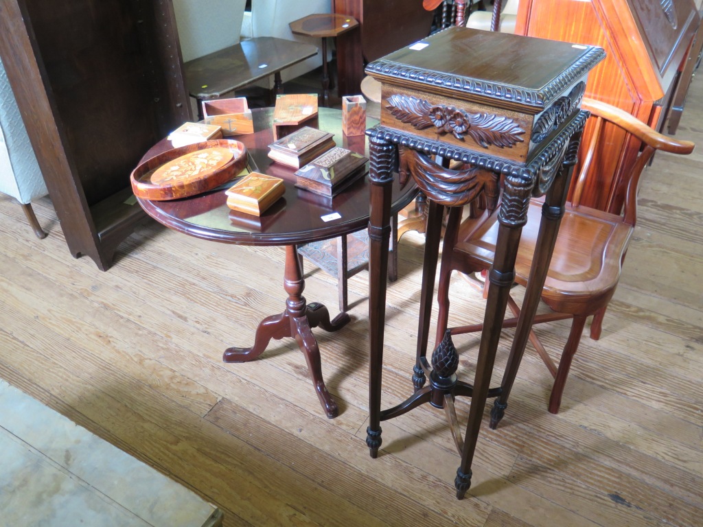 A George III style mahogany stained tripod table, 71cm diameter and a French style jardiniere stand,