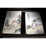 A pair of Chinese porcelain plaques, one depicting a lady lute player on horseback with assistant,