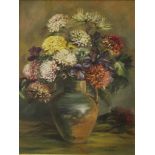 K. Scott Crysanthemums in a stoneware jug signed oil on canvas , 60cm x 45cm