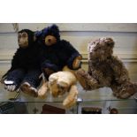 A nylon chimpanzee toy, two Giorgio teddy bears 1997 and 1998 and a Merrythought tiger (4)