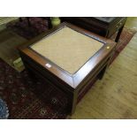 A Chinese huanghuali occasional table, the square woven rush top on square section legs with