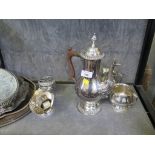 A large collection of silver plate to include three trays, a three piece tea set, etc