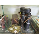 A pair of mother of pearl and gilded brass opera glasses, another pair of binoculars and a box