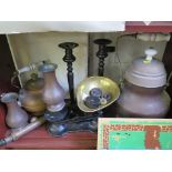 A larger copper urn, kitchen scales, pair of candlesticks and other metalwares