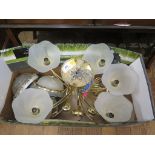 A five light brass ceiling light, various other ceiling light shades and wall sconces