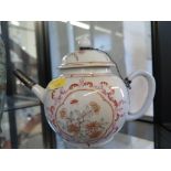 A Chinese porcelain teapot, Qianlong period, of globular form with quaterfoil panels depicting