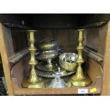 A pair of brass candlesticks, an Indian brass tray, various other brass and plated wares