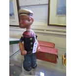 A Japanese Kuramuchi celluloid clockwork Popeye toy, 22cm, lacks pipe and two empty Tex boxes