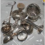 A collection of silver items, to include sifter spoons, coffee spoons, napkin ring, etc