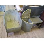 A Lloyd Loom armchair, corner basket and stool (3) Basket and stool with 'Lusty' labels