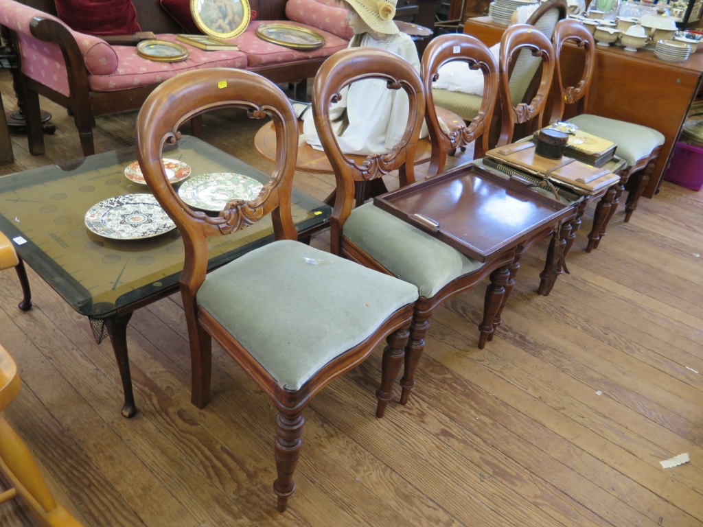 A set of five Victorian stained beech balloon back dining chairs with ring turned tapering legs (5)