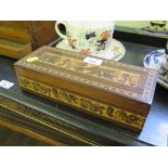 A Tunbridge Ware and rosewood glove box, with bands of rose decoration, 27cm wide