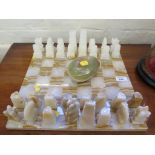 A Mexican alabaster chess set and a green hardstone egg