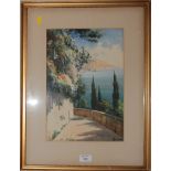 20th Century A sunny Mediterranean coastal view watercolour, indistinctly signed, 30.5 x 24 cm