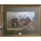 T Walsh Changing the Horses at the White Swan Watercolour, signed, 24cm x 36cm