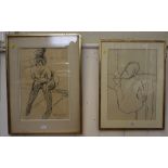 Two study drawiings of young partially clad / nude women signed and dated '64 and '65, 46 x 31 cm