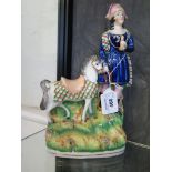 A Victorian Staffordshire figure of a girl holding a pony, both in Highland tartan, on a