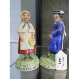 A pair of early Victorian Staffordshire figures of a girl and boy, the bases inscribed Red Maid