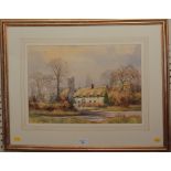 Clive Pryke Thatched cottages and church Watercolour, signed 31cm x 44cm