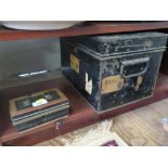 A black tin box marked W&S 34cm wide and a metal cash tin