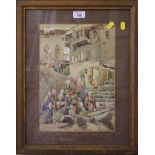 M.R. Molesworth Middle Eastern scene of unloading punts Watercolour, signed 34cm x 24cm