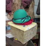 A 1960s green wool hat by Fredrick Fox, a red corduroy Atelier Lucas hat (with Harvey Nichols