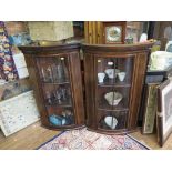 A pair of mahogany and chequer banded corner cupboards, the dentil cornices over glazed doors 59cm x