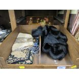 A Victorian beadwork purse, a lace purse, other Victorian fabrics, lighters, etc