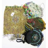 Four Victorian and later beadwork purses, one with green stone mounted gilt metal frame