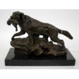 A CONTEMPORARY BRONZE SCULPTURE OF A HUNTING DOG holding its kill, signed 'Milo' to the base and