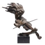 A CONTEMPORARY BRONZE SCULPTURE OF A GIRL with flowing hair playing a violin, the sculpture is