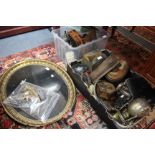 MISCELLANEOUS ITEMS TO INCLUDE metal ware, tins, a 19th century lacquered oval tray with gilded