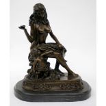 A CONTEMPORARY BRONZE SCULPTURE OF A SEMI NUDE GIRL seated holding a butterfly and with a young