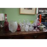 A COLLECTION OF MISCELLANEOUS GLASSWARE to include Cranberry glass and cut glass wine glasses