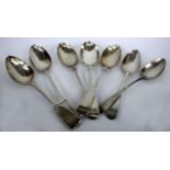 THREE EARLY 20TH CENTURY SILVER FIDDLE PATTERN TABLE SPOONS, each with marks for London 1902, a pair