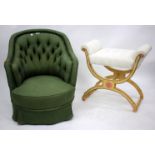 AN EDWARDIAN LOW BUTTON BACK GREEN UPHOLSTERED ARMCHAIR 65cm wide together with a cream painted