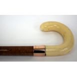 AN EARLY 20TH CENTURY WALKING CANE with a turned ivory crook handle, a 9 carat gold band and a