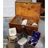 A MAHOGANY BOX containing various paste jewellery and miscellaneous bijouterie