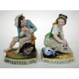 A PAIR OF CONTINENTAL BISQUE FIGURES, one in the form of a young boy seated upon a tree stump, the