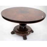 A 19TH CENTURY FLAME MAHOGANY CIRCULAR BREAKFAST TABLE with an octagonal column support and a