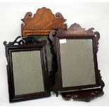 AN 18TH CENTURY WALNUT FRET FRAMED WALL MIRROR 27cm x 47cm together with two further small fret