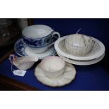 A BELEEK PORCELAIN MOUSTACHE CUP AND SAUCER, a similar cream jug and sugar basin, a Minton large cup