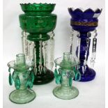 A VICTORIAN GREEN GLASS TABLE LUSTRE with foliate decoration in gilt, grey and blue and hung with